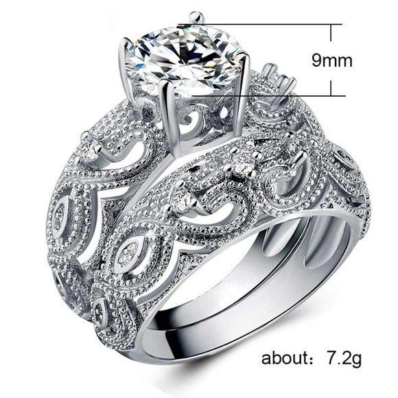 14k White Gold Carnation Couple Rings Set Vintage Leaf  💞 Luxury Vintage Silver Flower Engagement/Wedding Ring Set for Couple, VIP275